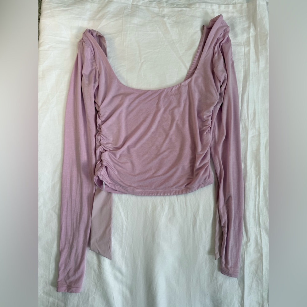 Cropped Long Sleeve Pink Top with Bow Tie Back, XS